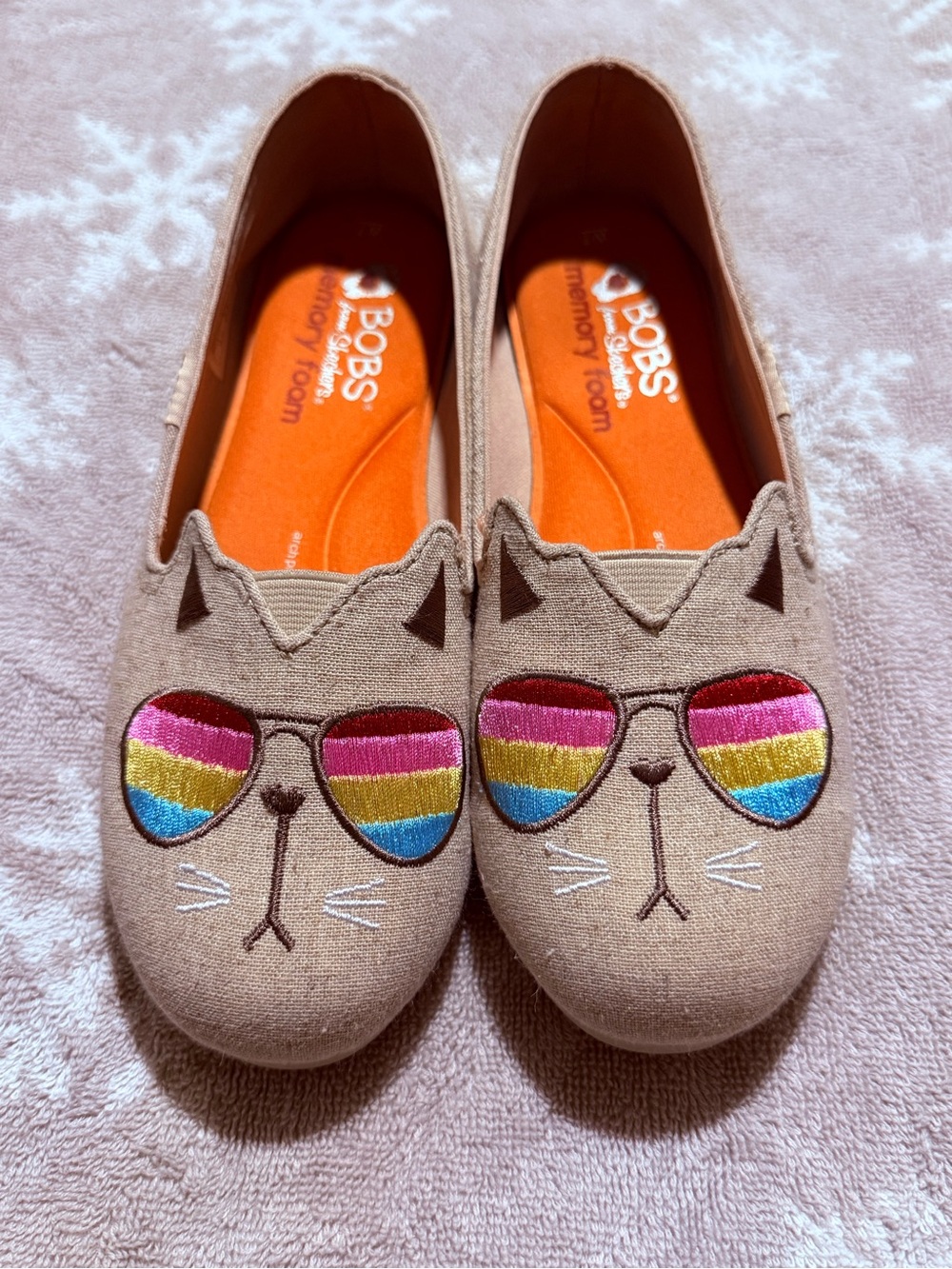Skechers Beige Cat Slip-On Shoes with Rainbow Sunglasses